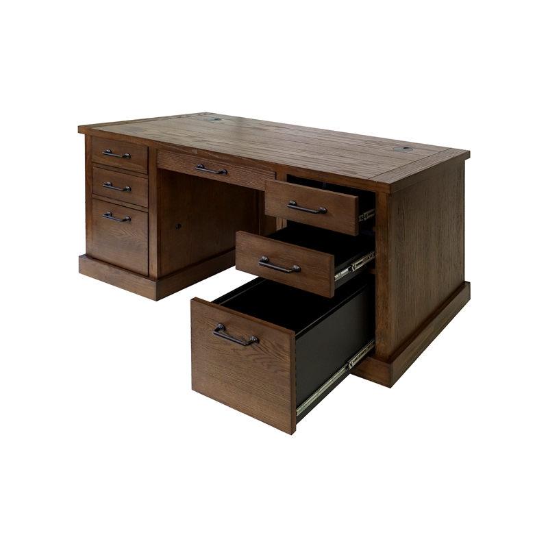 Rustic Double Pedestal Desk Wood Office Writing Table Fully Assembled