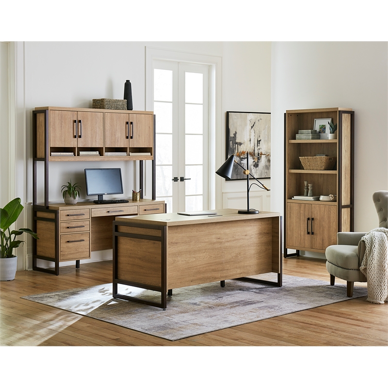 Contemporary Wood Laminate Hutch With Wood Doors Fully Assembled Light Brown