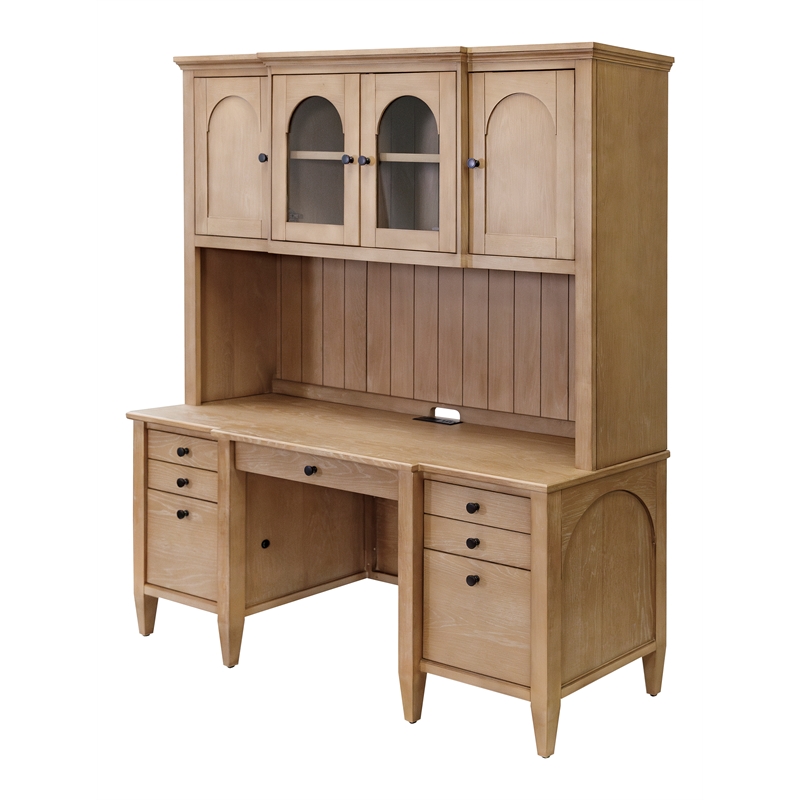 Modern Wood Hutch With Doors Office Storage Hutch Fully Assembled Light Brown