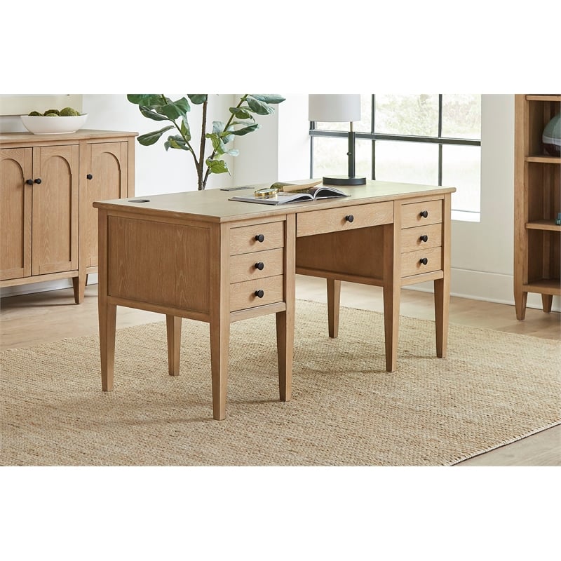 Modern Wood Half Pedestal Desk Wood Fully Assembled Light Brown