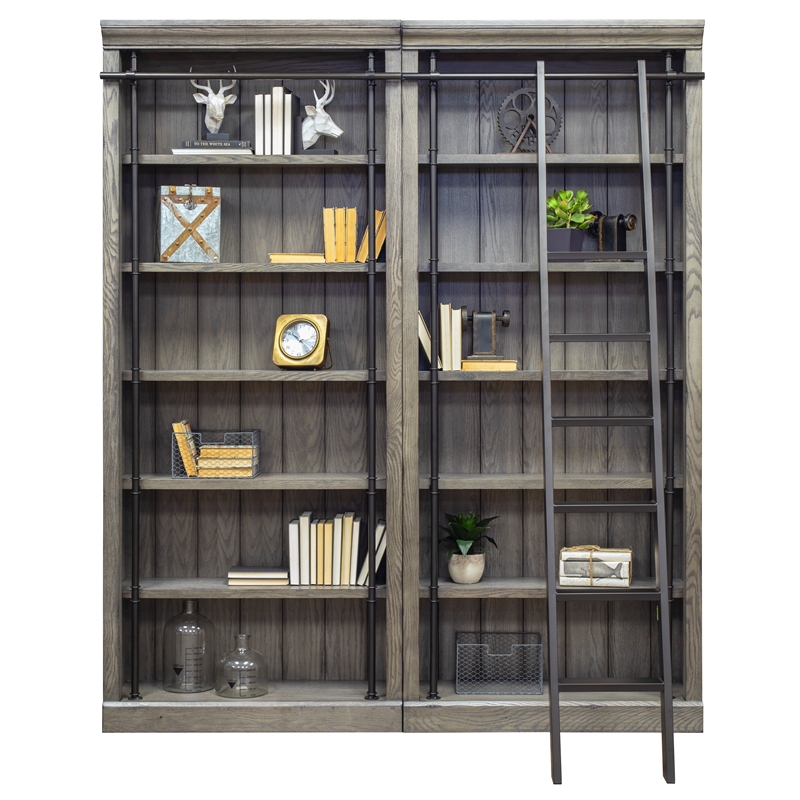 Traditional 8' Tall Wood Bookcase Wall With Ladder Aged Office Bookcases Gray