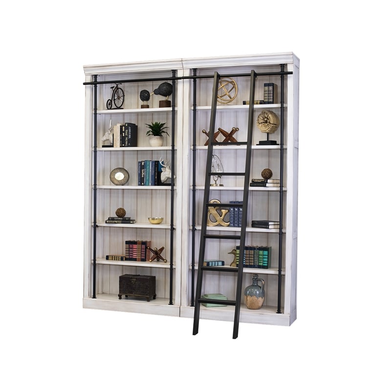 Traditional 8' Tall Wood Bookcase Wall With Ladder Aged Office Bookcases White