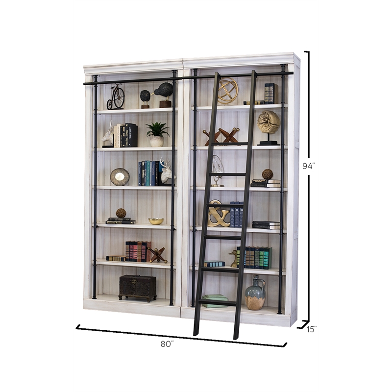 Traditional 8' Tall Wood Bookcase Wall With Ladder Aged Office Bookcases White