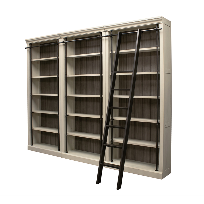 Traditional 8' Tall Wood Bookcase Wall With Ladder Aged Office Bookcases White