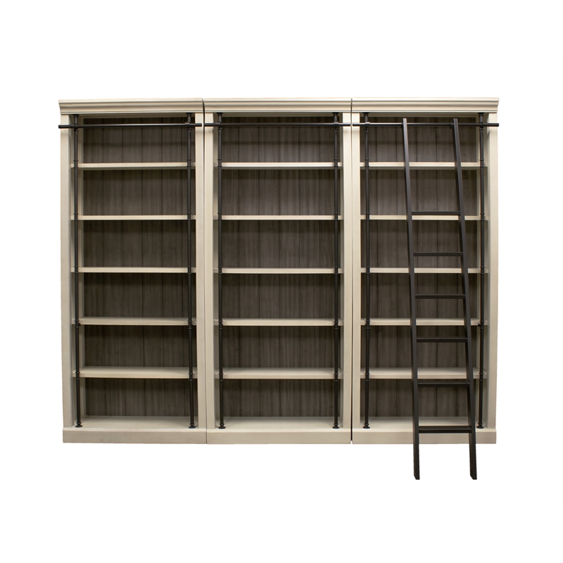 Traditional 8' Tall Wood Bookcase Wall With Ladder Aged Office Bookcases White