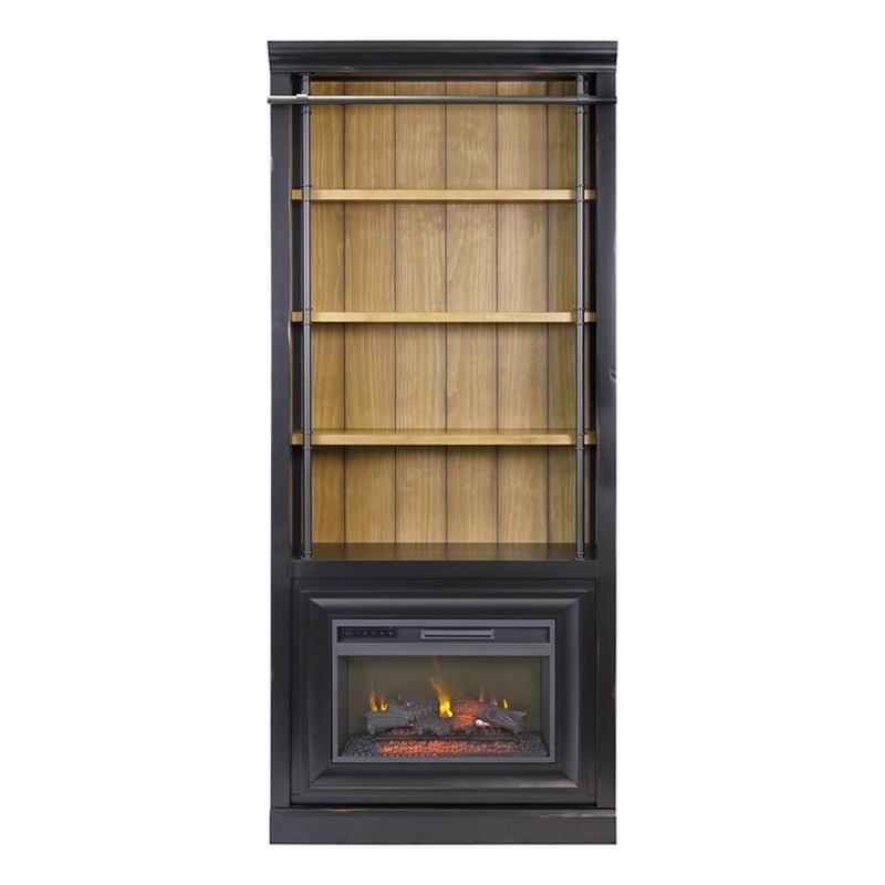 Three 8' Tall Bookcase Wall With Fireplace and Ladder Organizer Black ...