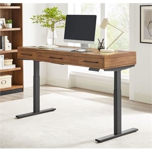 modern electric sit/stand desk height adjustable wood table rich medium brown