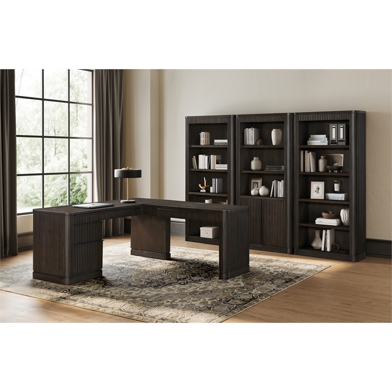 Contemporary Pedestal L-Desk Wood Corner Desk Office Desk Brown