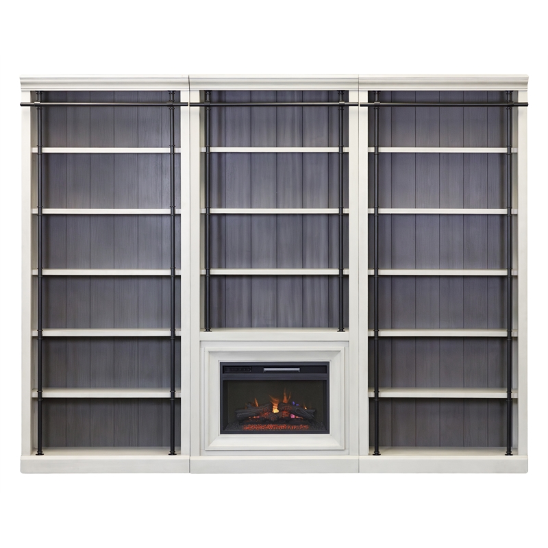 8' Tall Wood Bookcase Wall with Fireplace Organizer Fully Assembled White