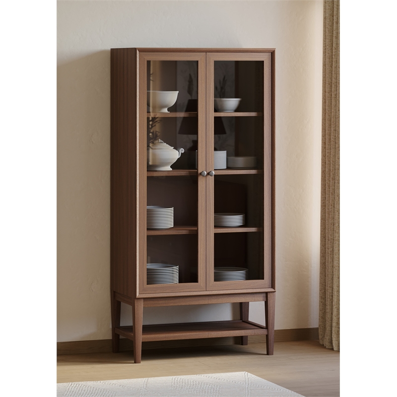 Mid-Century Modern Wood Dining Display Cabinet Kitchen Storage Brown
