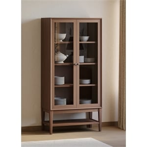 Mid-Century Modern Wood Dining Display Cabinet Kitchen Storage Brown