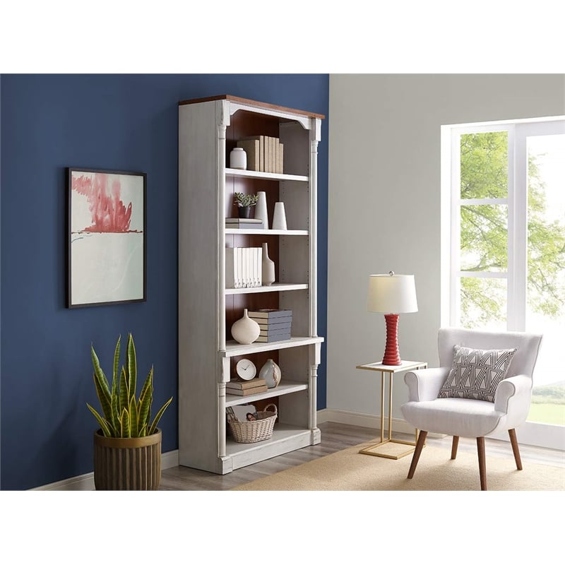 Rustic Open 8' Wood Bookcase Storage Cabinet White
