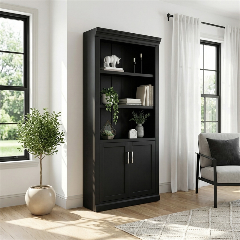 Modern Wood Lower Doors Bookcase Office Bookcase Fully Assembled Black