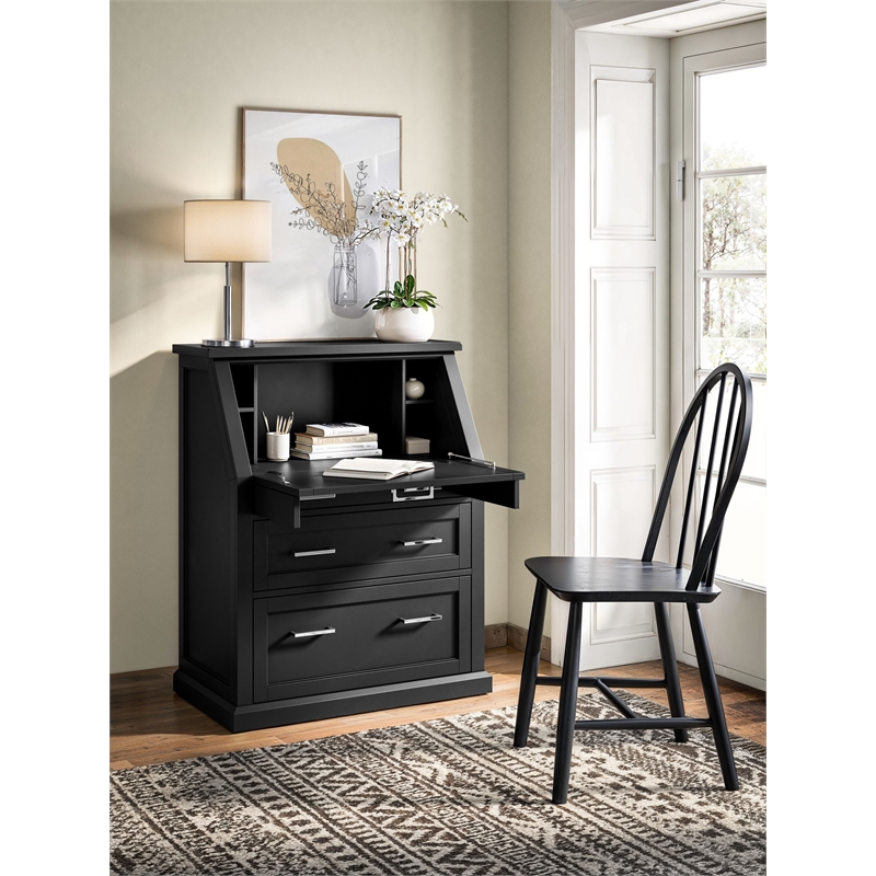 Modern Wood Drop-Lid Secretary Desk Fully Assembled Black