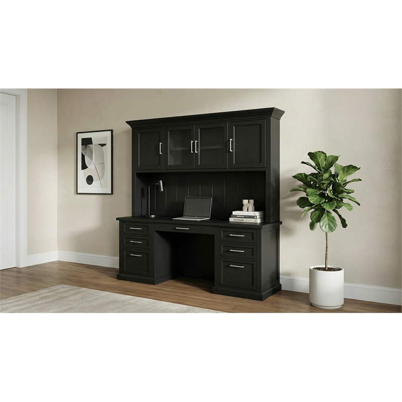 Modern Wood Hutch With Doors and Desk Storage Hutch Fully Assembled Black