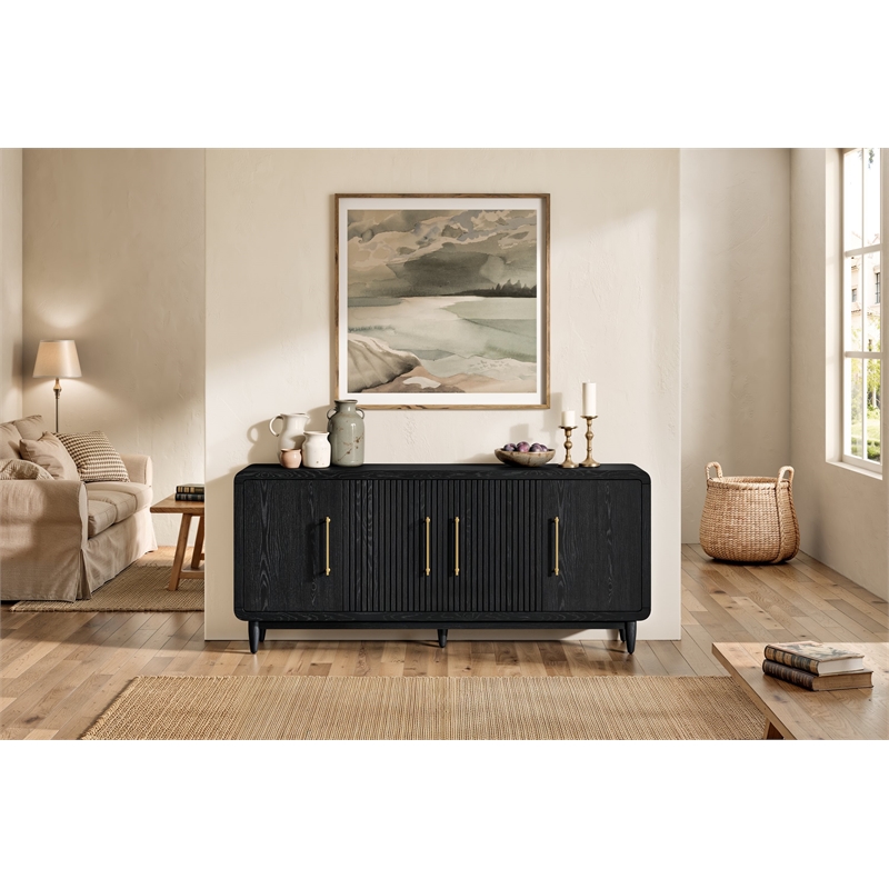 72in TV Console Modern Four Door Entertainment Stand Wood Accent CabinetCredenza Fully Assembled Black