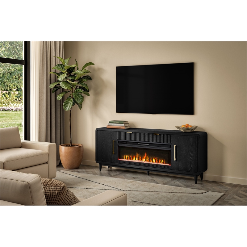 80in Modern Fireplace Console Entertainment Storage TV Stand Fully Assmbld Black