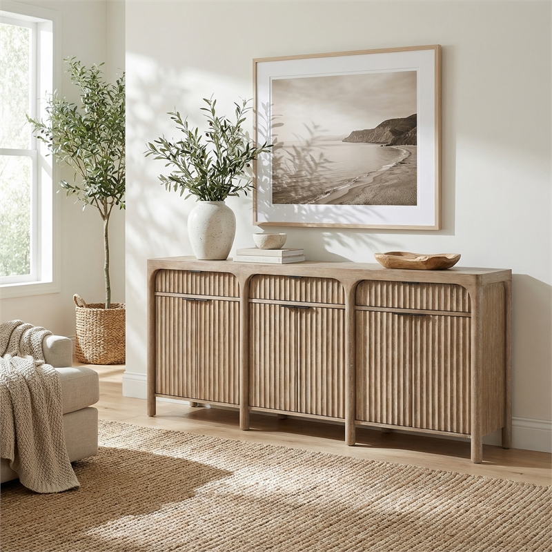 80in TV Console Entertainment Stand Wood Accent Cabinet Fully Assembled Natural Sand