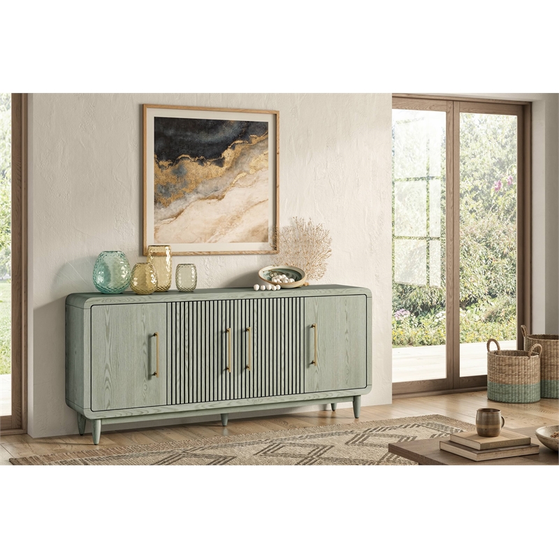 72in TV Console Modern 4 Door Entertainment Stand Wood Accent Assmbled Pistachio