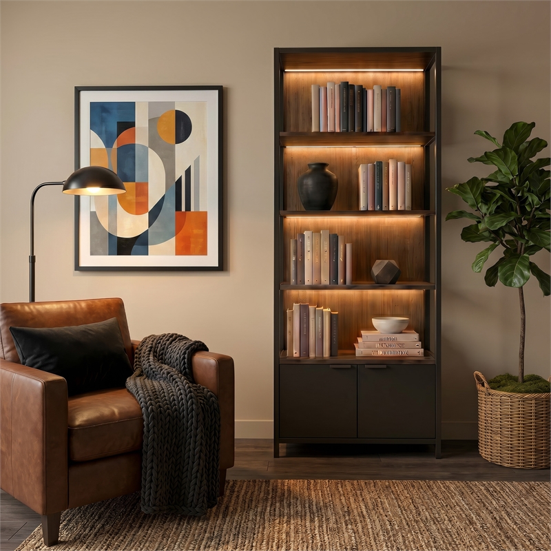 Modern Open Bookcase with Lowers Doors and Lights Bookcase Fully Assembled Black
