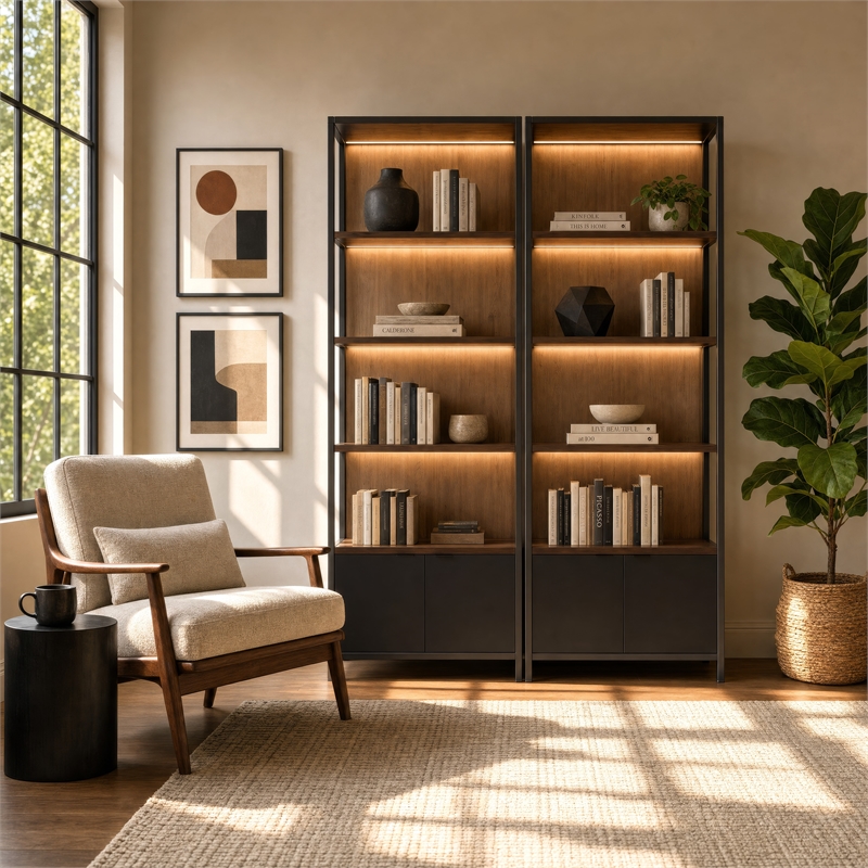 Modern Open Bookcase Wall Lowers Doors and Lights Bookcase Fully Assembled Black