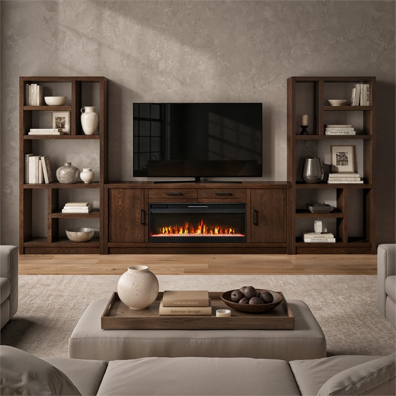 80in Wood Fireplace Console with Bookcases Entertainment Storage TV Stand Fully Assembled Brown