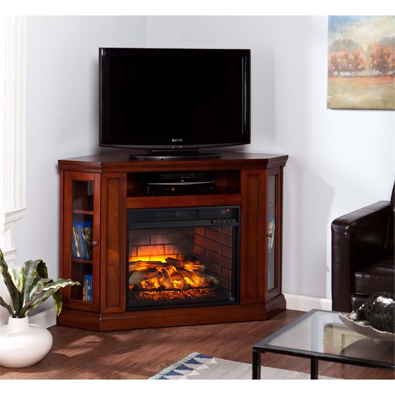 Southern Enterprises Claremont Corner Fireplace TV Stand in Mahogany