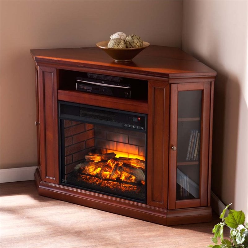 Southern Enterprises Claremont Corner Fireplace TV Stand in Mahogany