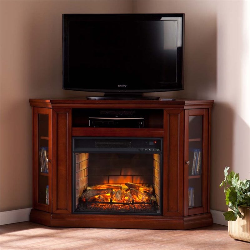 Southern Enterprises Claremont Corner Fireplace TV Stand in Mahogany