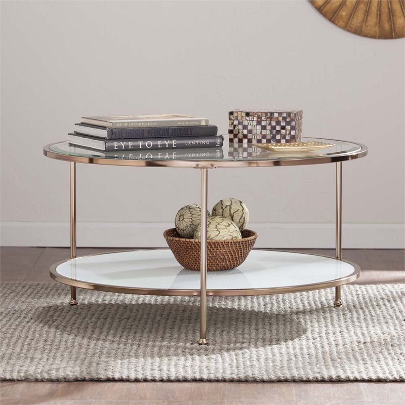 SEI Furniture Risa Round Glass Top Coffee Table in Gold Cymax Business