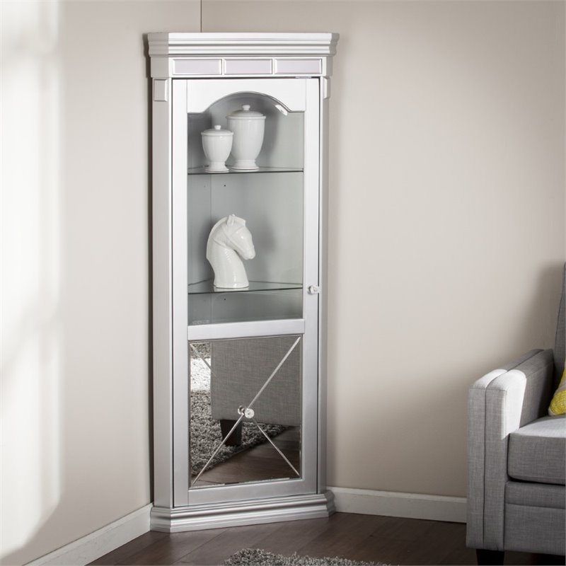 Southern Enterprises Mirage Corner Curio Cabinet In Matte Silver