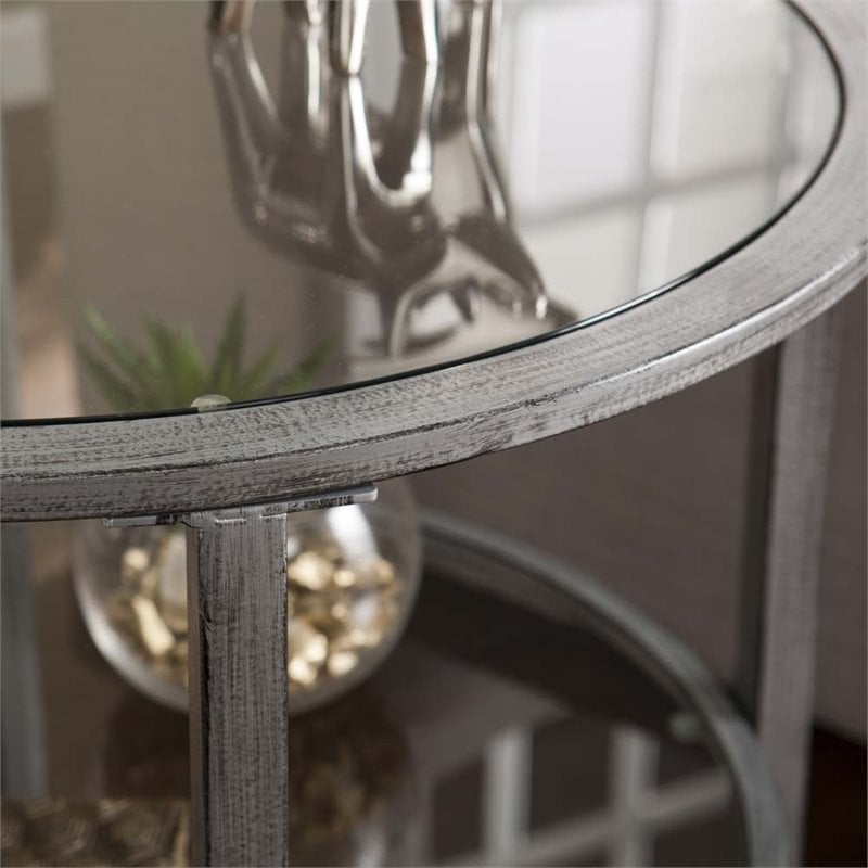 SEI Furniture Jaymes Round Glass Top Metal End Table in Silver