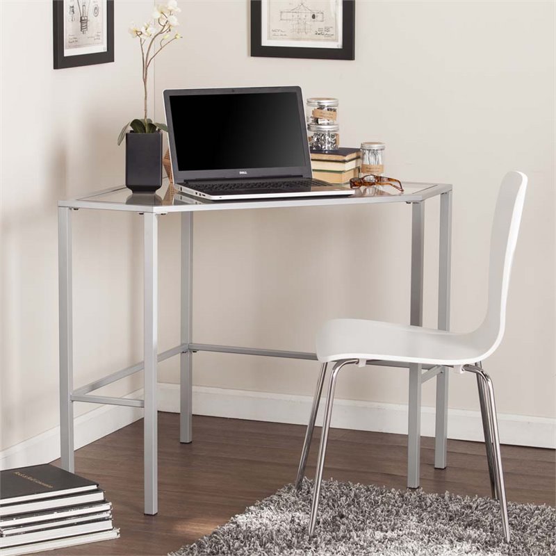 Southern Enterprises Keaton Glass Top Metal Corner Desk In Silver Ho6549 7441