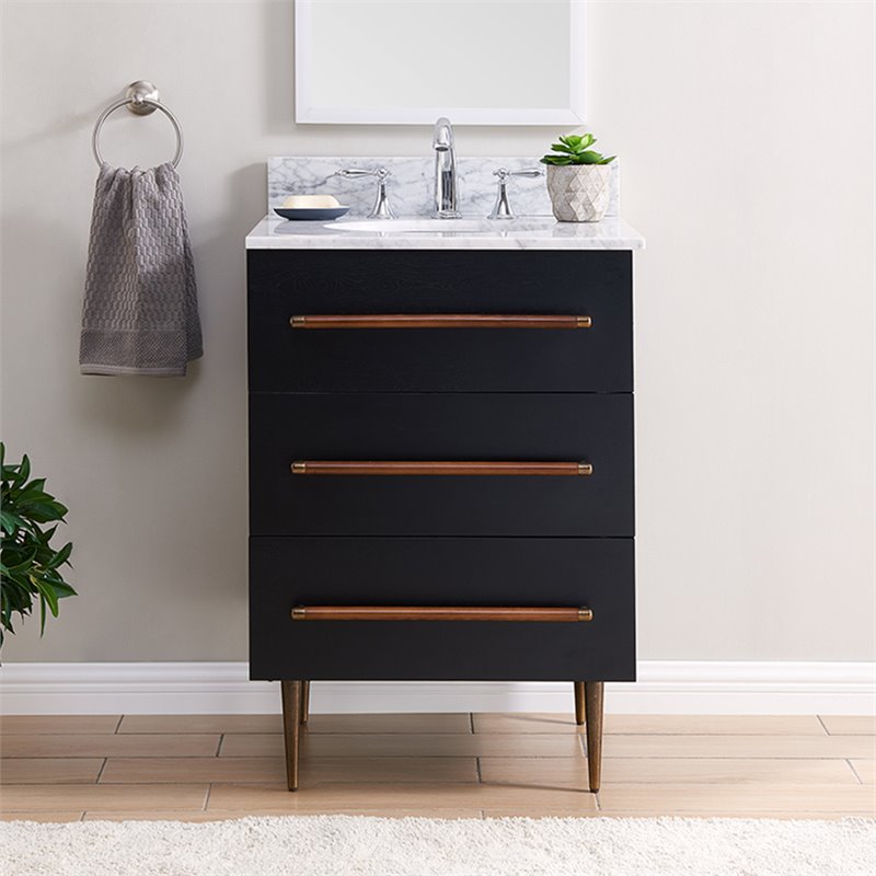 SEI Furniture Yatesling 2 Drawer Marble Top Bathroom Vanity in Black