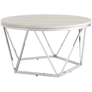 SEI Furniture Luna 33&quot Round Faux Stone Top Coffee Table in Silver
