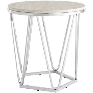 SEI Furniture Luna 22&quot Round Faux Stone Top Accent End Table in Silver