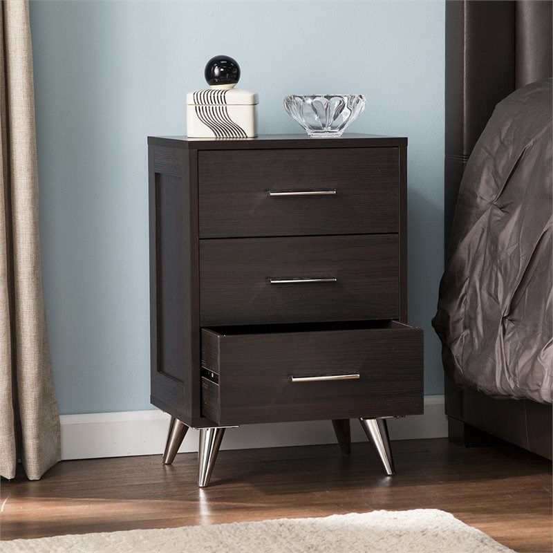SEI Furniture Owen 3 Drawer Nightstand in Ebony and Chrome