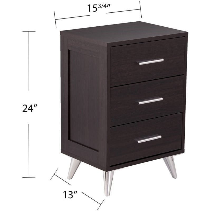SEI Furniture Owen 3 Drawer Nightstand in Ebony and Chrome
