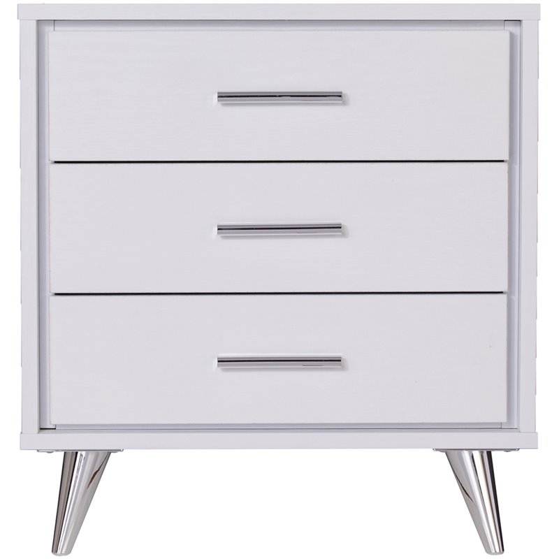 SEI Furniture Oren 3 Drawer Nightstand in White and Chrome