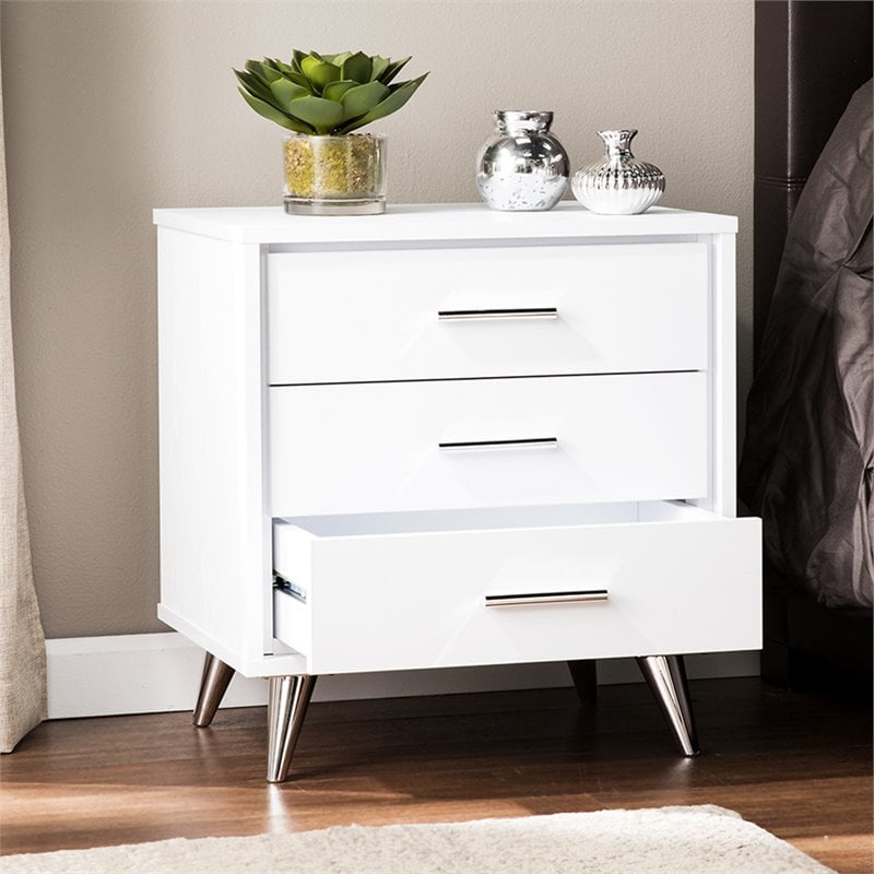 SEI Furniture Oren 3 Drawer Nightstand in White and Chrome