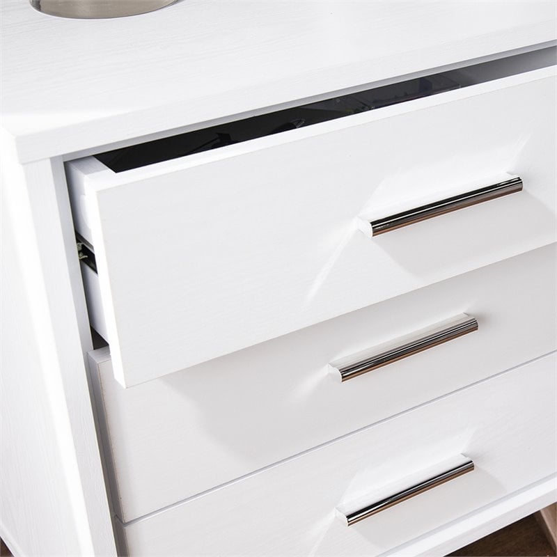 SEI Furniture Oren 3 Drawer Nightstand in White and Chrome