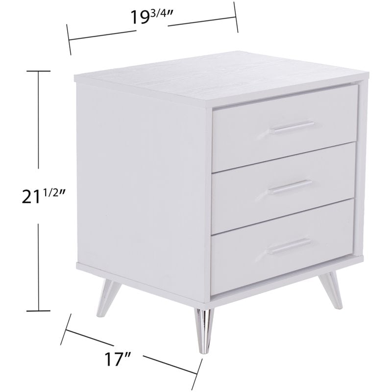 SEI Furniture Oren 3 Drawer Nightstand in White and Chrome