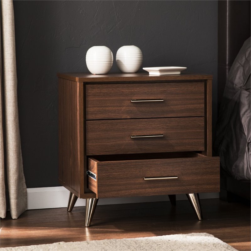 SEI Furniture Oren 3 Drawer Nightstand in Walnut