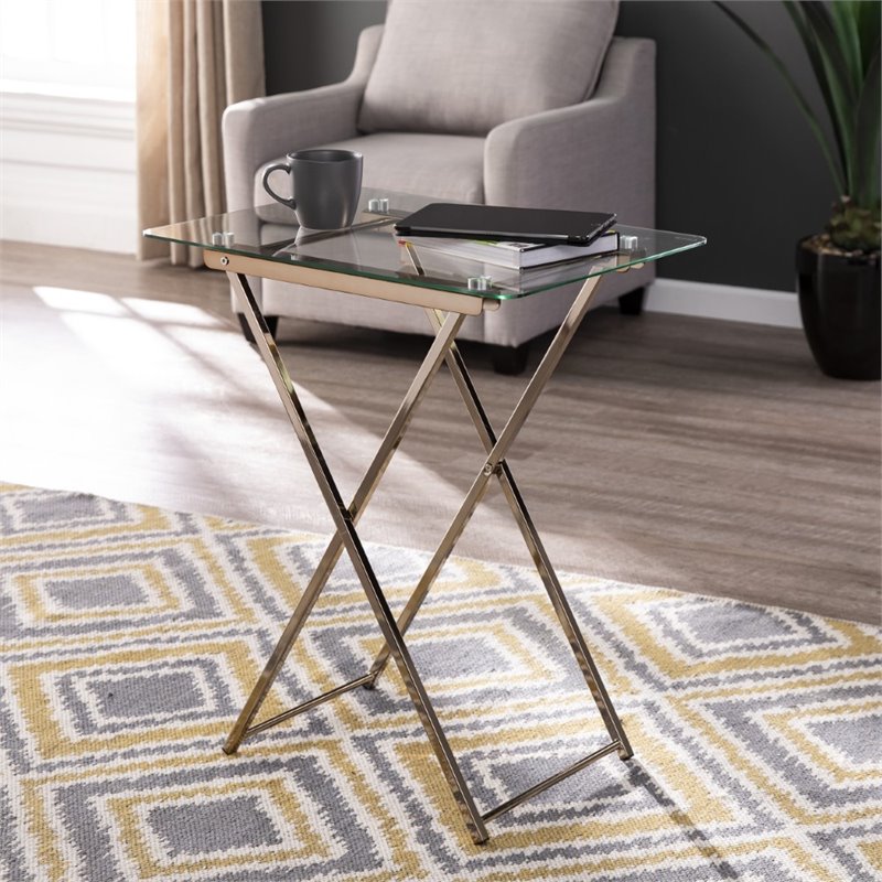 SEI Furniture Meridino Folding Glass Top Tray Table in Champagne Copper