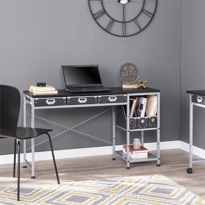 Southern Enterprises Pathan 3 Drawer Industrial Writing Desk in Black