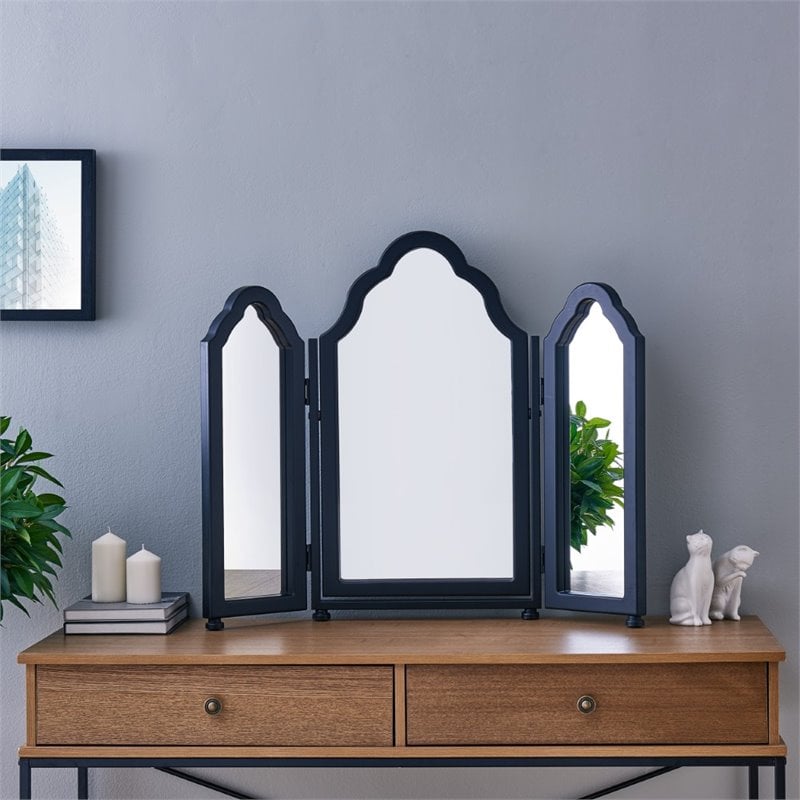 SEI Furniture Archlyn Trifold Scalloped Vanity Mirror in Black