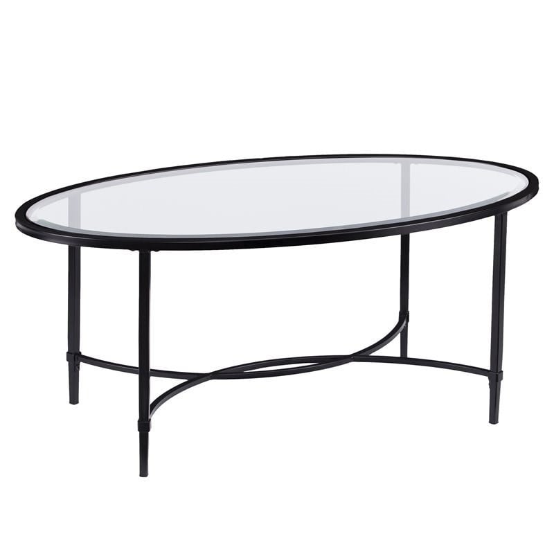 SEI Furniture Quinton Oval Glass Top Cocktail Table in Black