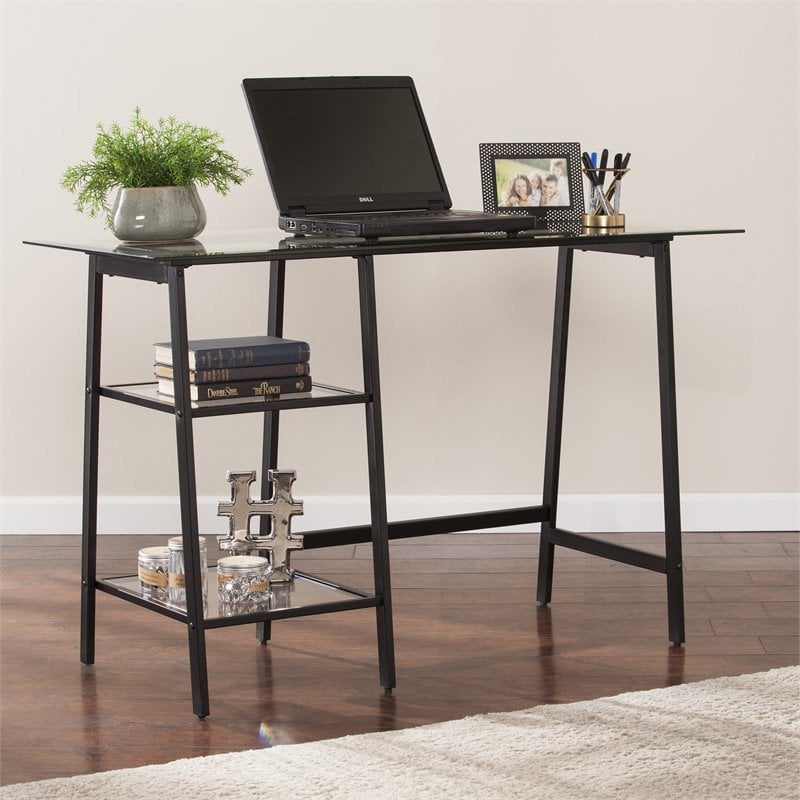 SEI Furniture Avery Glass Top Metal Writing Desk in Black