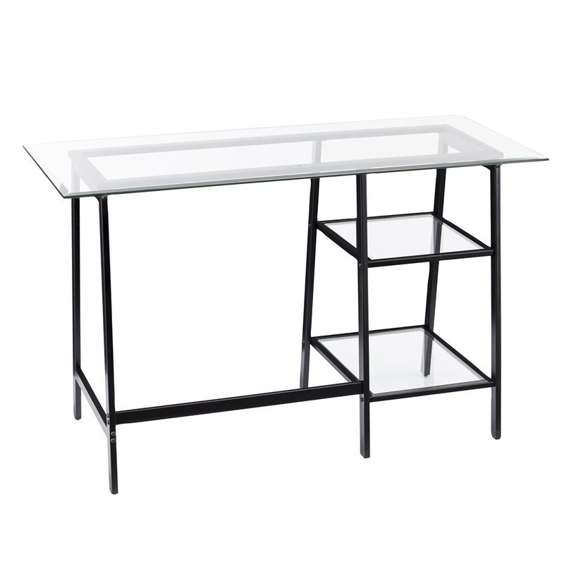 SEI Furniture Avery Glass Top Metal Writing Desk in Black