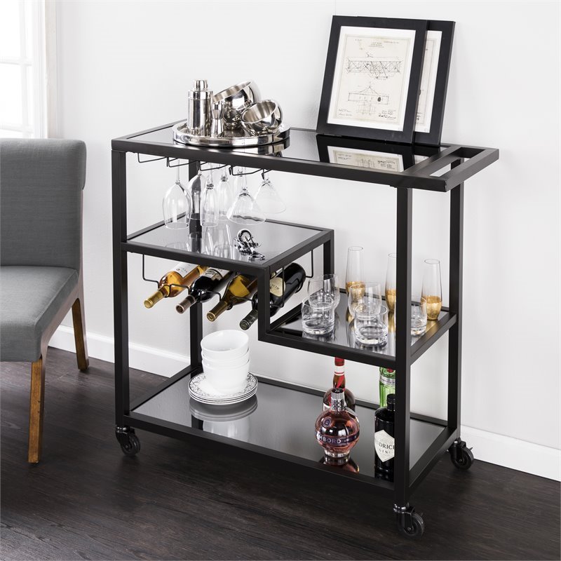 Holly and Martin Zephs Contemporary Bar Cart in Black with Smoked Mirror